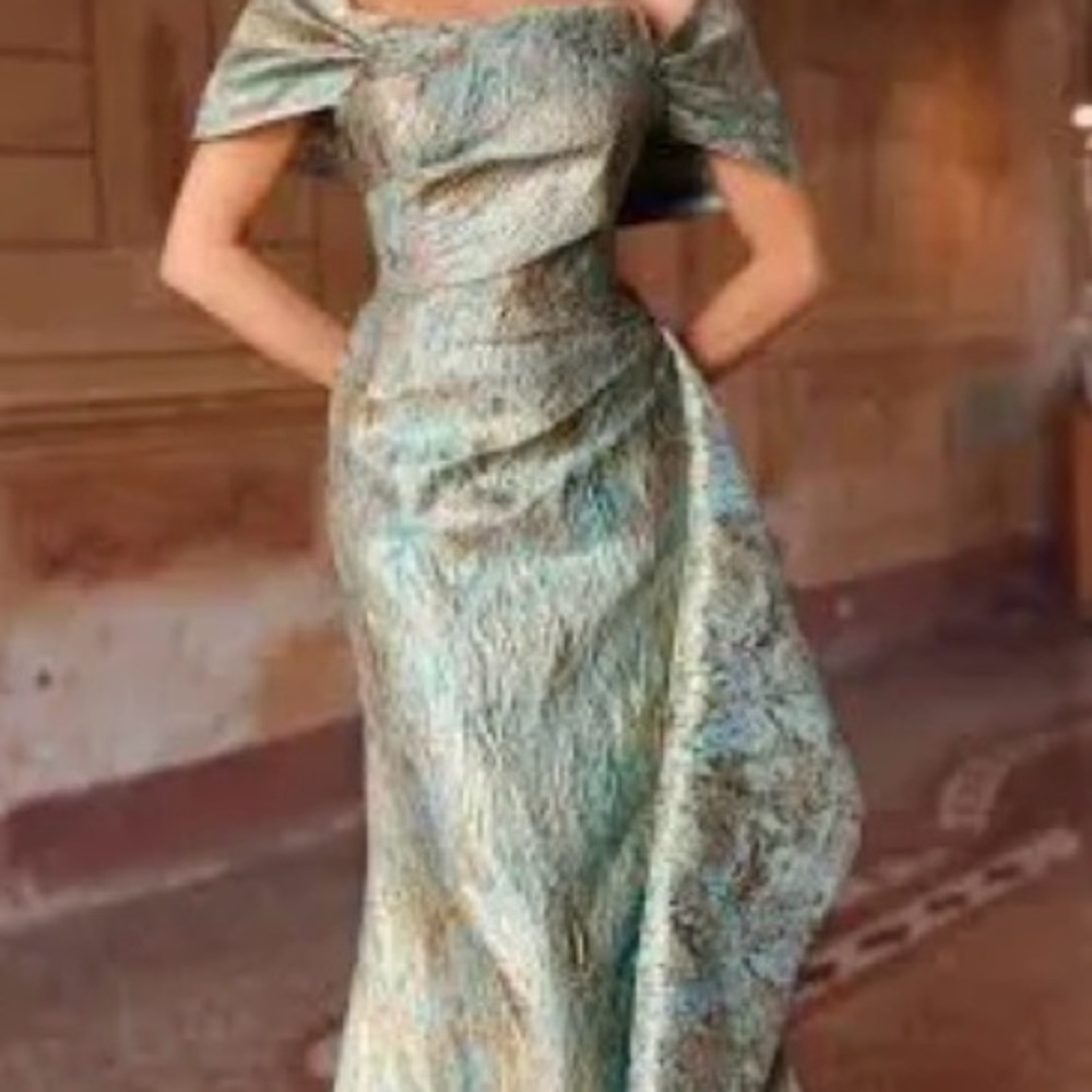 Off-Shoulder Metallic Green Evening Gown